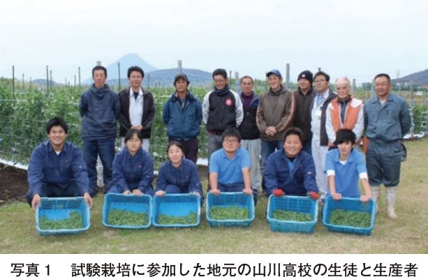 写真1　試験栽培に参加した地元の山川高校の生徒と生産者