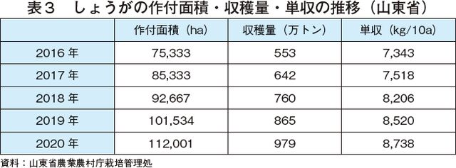 表3　しょうがの作付面積・収穫量・単収の推移（山東省）