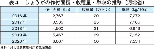 表4　しょうがの作付面積・収穫量・単収の推移（河北省）